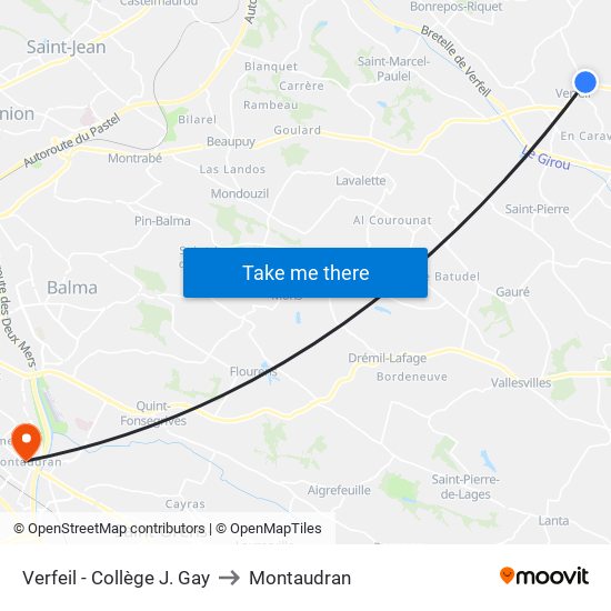 Verfeil - Collège J. Gay to Montaudran map