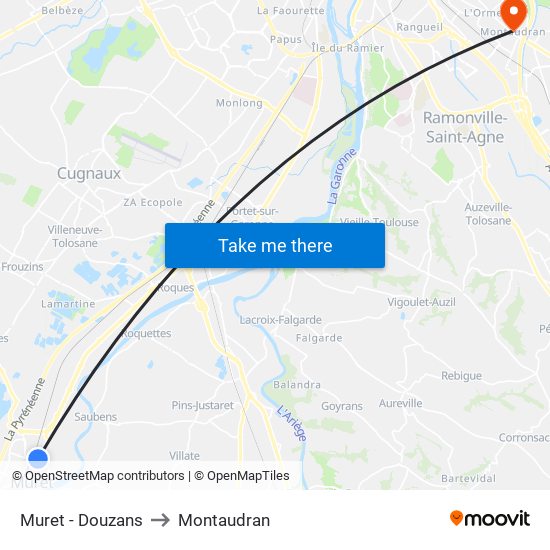 Muret - Douzans to Montaudran map