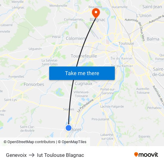 Genevoix to Iut Toulouse Blagnac map