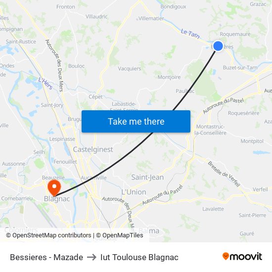 Bessieres - Mazade to Iut Toulouse Blagnac map