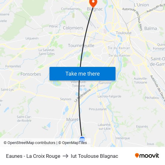Eaunes - La Croix Rouge to Iut Toulouse Blagnac map