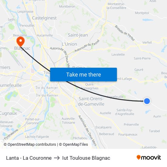 Lanta - La Couronne to Iut Toulouse Blagnac map