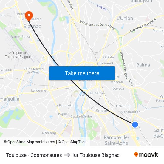 Toulouse - Cosmonautes to Iut Toulouse Blagnac map