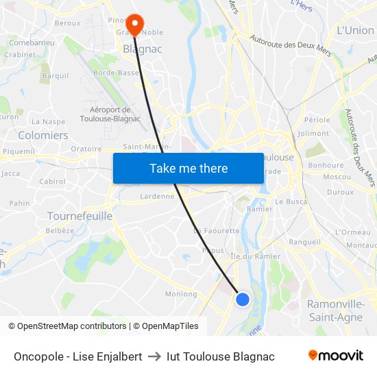 Oncopole - Lise Enjalbert to Iut Toulouse Blagnac map