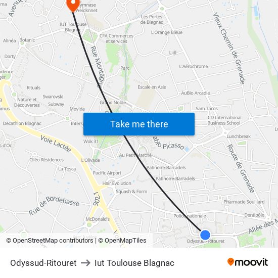 Odyssud-Ritouret to Iut Toulouse Blagnac map