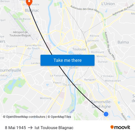 8 Mai 1945 to Iut Toulouse Blagnac map