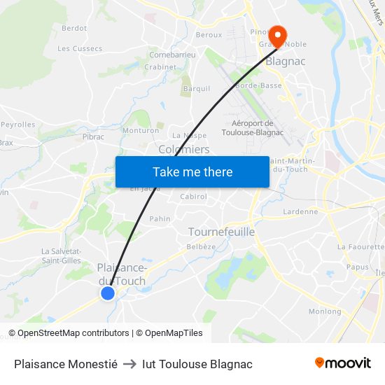 Plaisance Monestié to Iut Toulouse Blagnac map