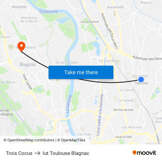 Trois Cocus to Iut Toulouse Blagnac map