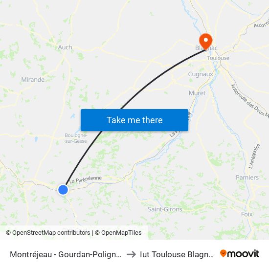 Montréjeau - Gourdan-Polignan to Iut Toulouse Blagnac map