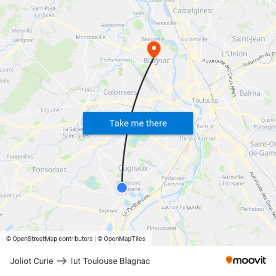 Joliot Curie to Iut Toulouse Blagnac map