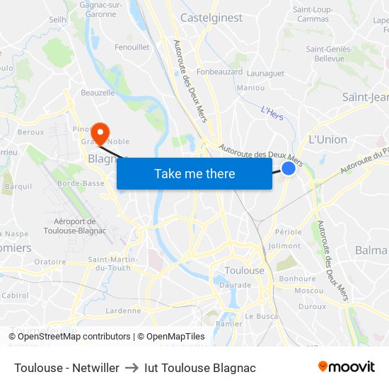 Toulouse - Netwiller to Iut Toulouse Blagnac map