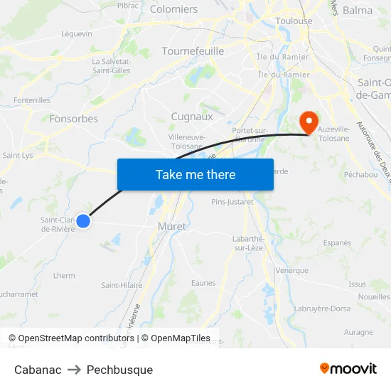 Cabanac to Pechbusque map