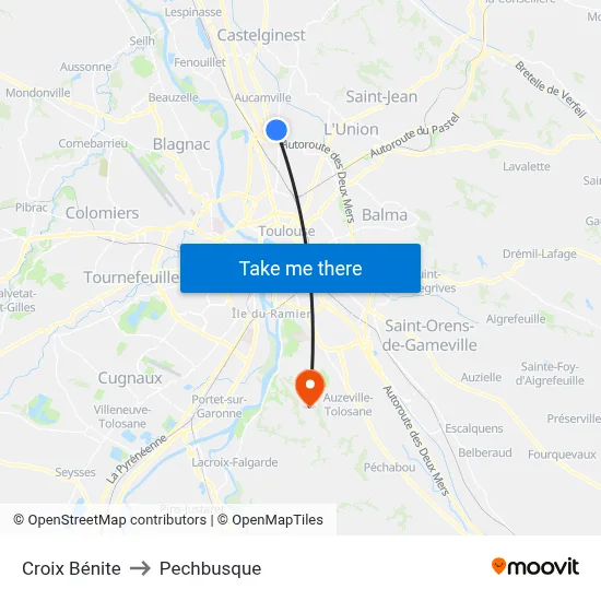 Croix Bénite to Pechbusque map