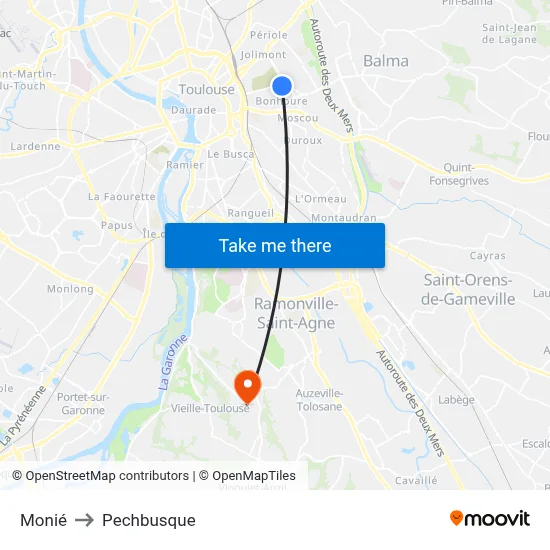 Monié to Pechbusque map