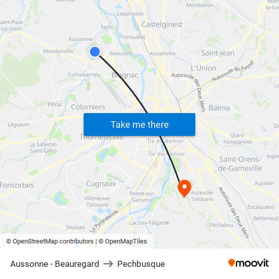 Aussonne - Beauregard to Pechbusque map