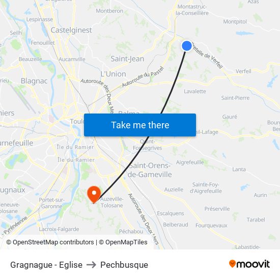 Gragnague - Eglise to Pechbusque map