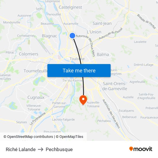 Riché Lalande to Pechbusque map