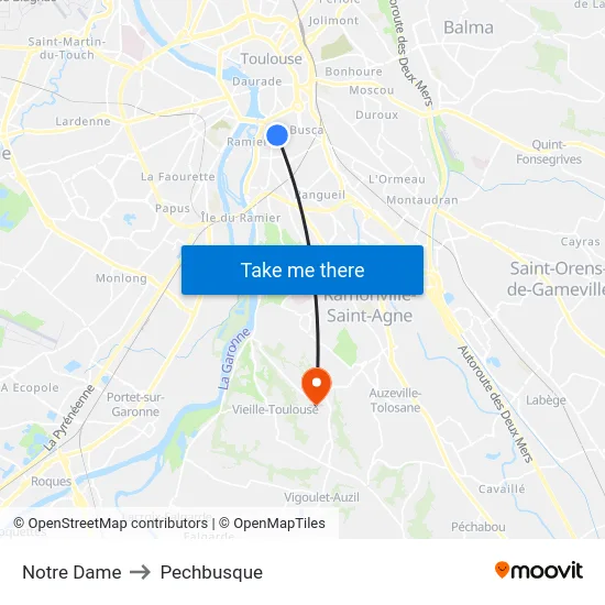 Notre Dame to Pechbusque map