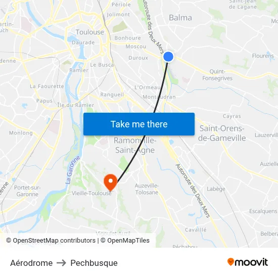 Aérodrome to Pechbusque map