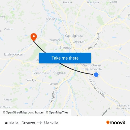 Auzielle - Crouzet to Menville map