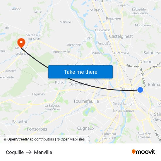 Coquille to Menville map