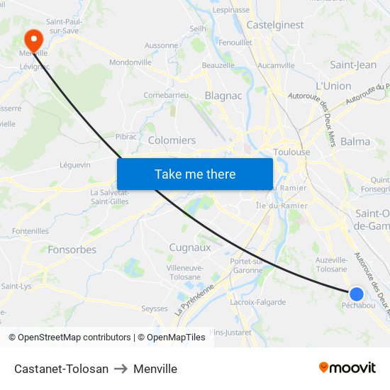 Castanet-Tolosan to Menville map