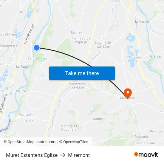 Muret Estantens Eglise to Miremont map