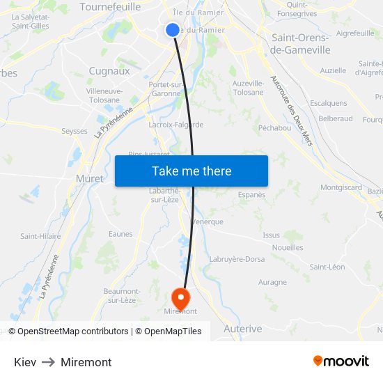 Kiev to Miremont map