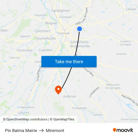 Pin Balma Mairie to Miremont map