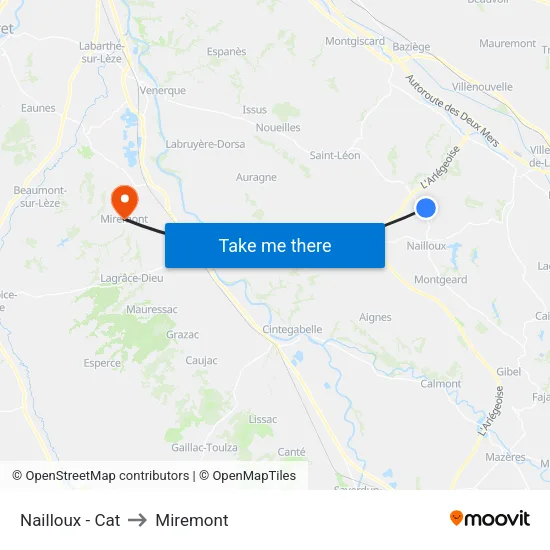 Nailloux - Cat to Miremont map