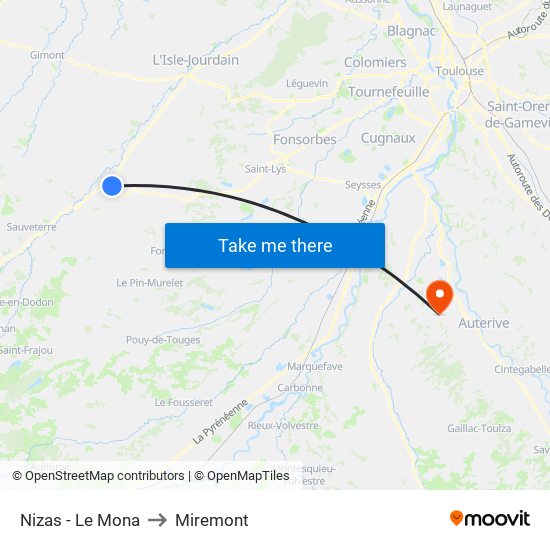 Nizas - Le Mona to Miremont map