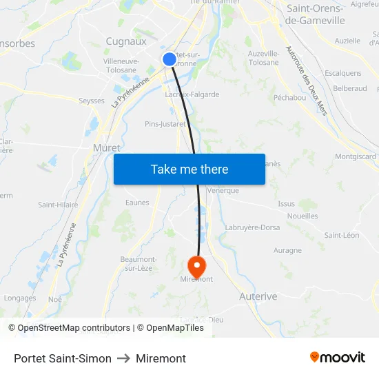 Portet Saint-Simon to Miremont map