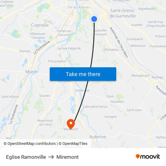 Eglise Ramonville to Miremont map