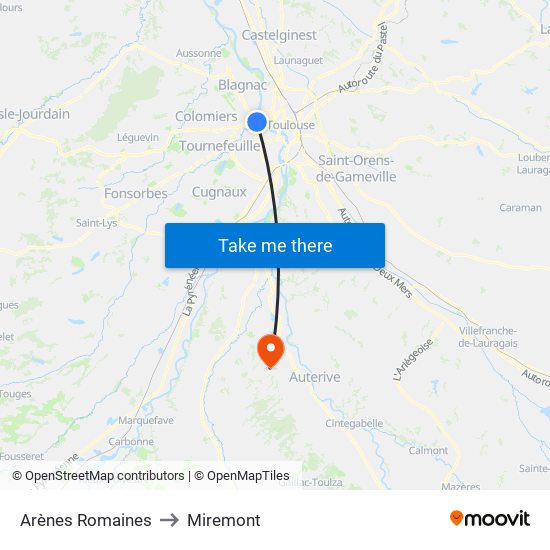 Arènes Romaines to Miremont map