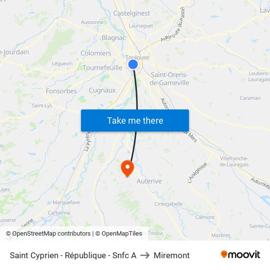 Saint Cyprien - République - Snfc A to Miremont map