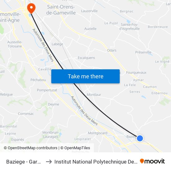 Baziege - Gare Sncf to Institut National Polytechnique De Toulouse map