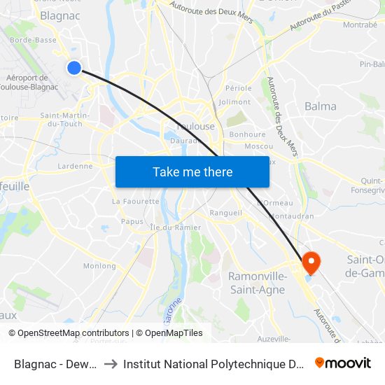 Blagnac - Dewoitine to Institut National Polytechnique De Toulouse map