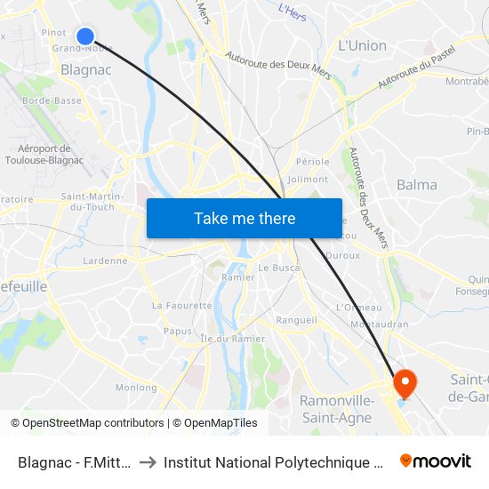 Blagnac - F.Mitterrand to Institut National Polytechnique De Toulouse map