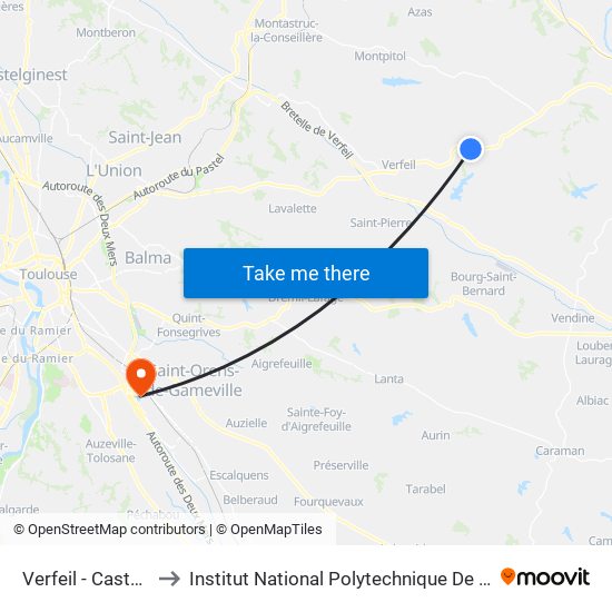 Verfeil - Castelvert to Institut National Polytechnique De Toulouse map