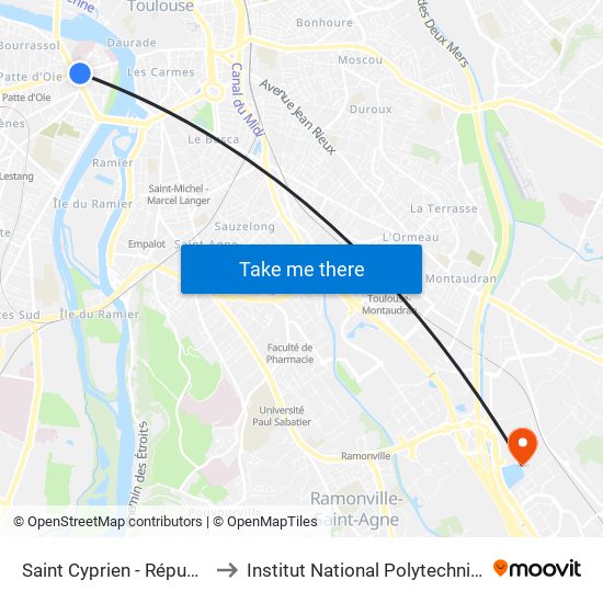 Saint Cyprien - République - Snfc A to Institut National Polytechnique De Toulouse map