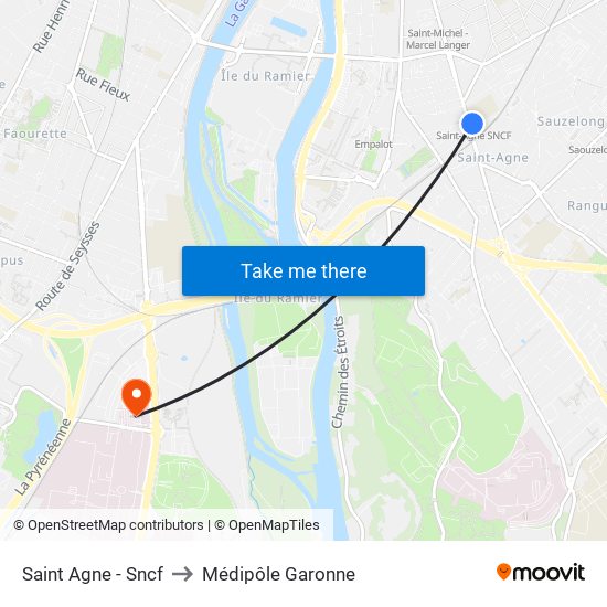 Saint Agne - Sncf to Médipôle Garonne map