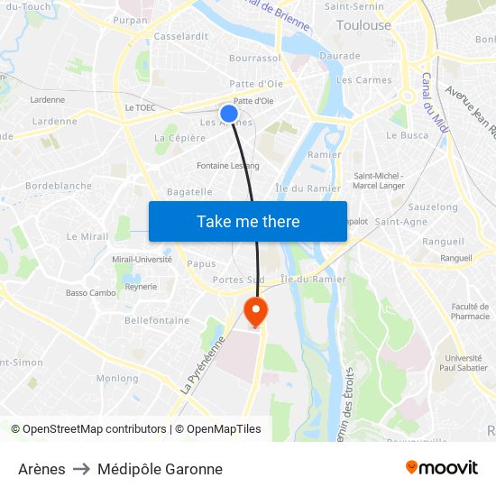 Arènes to Médipôle Garonne map
