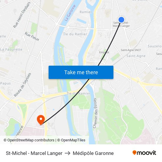 St-Michel - Marcel Langer to Médipôle Garonne map