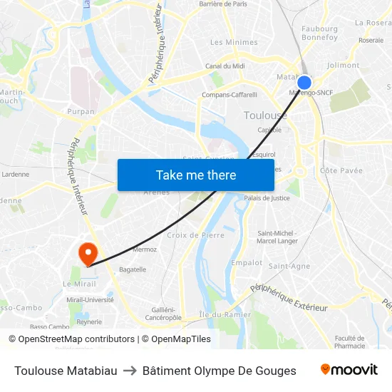 Toulouse Matabiau to Bâtiment Olympe De Gouges map