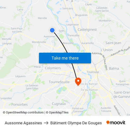 Aussonne Agassines to Bâtiment Olympe De Gouges map