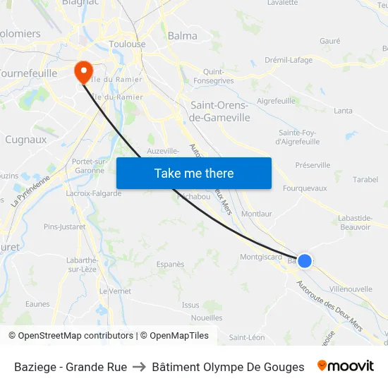 Baziege - Grande Rue to Bâtiment Olympe De Gouges map