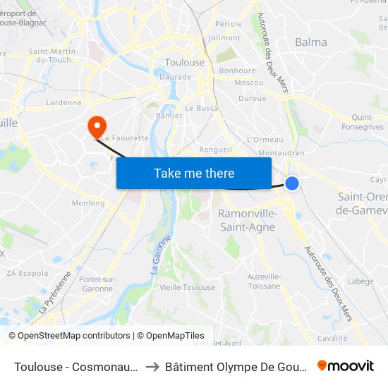 Toulouse - Cosmonautes to Bâtiment Olympe De Gouges map