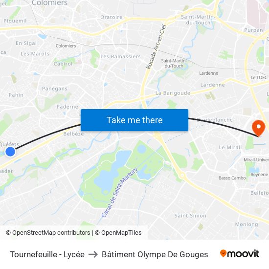 Tournefeuille - Lycée to Bâtiment Olympe De Gouges map