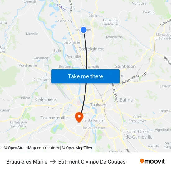 Bruguières Mairie to Bâtiment Olympe De Gouges map