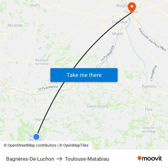 Bagnères-De-Luchon to Toulouse-Matabiau map